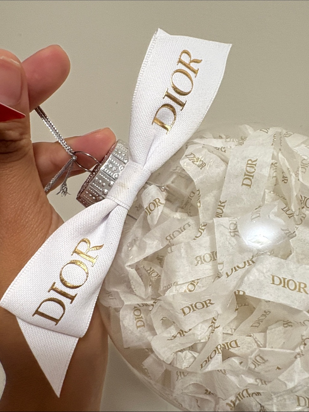 Extra Large Dior White and Gold Logo Ribbon Ornament Ball - Picture 2 of 5
